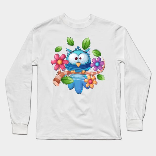 Blue Owl Bird cartoon design concept art Long Sleeve T-Shirt by GiftsRepublic